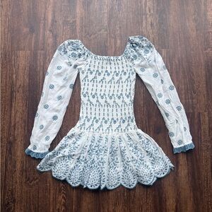 For Love Bell Blue White Embroidered Smocked Mini Dress Boho Cottagecore- Size S